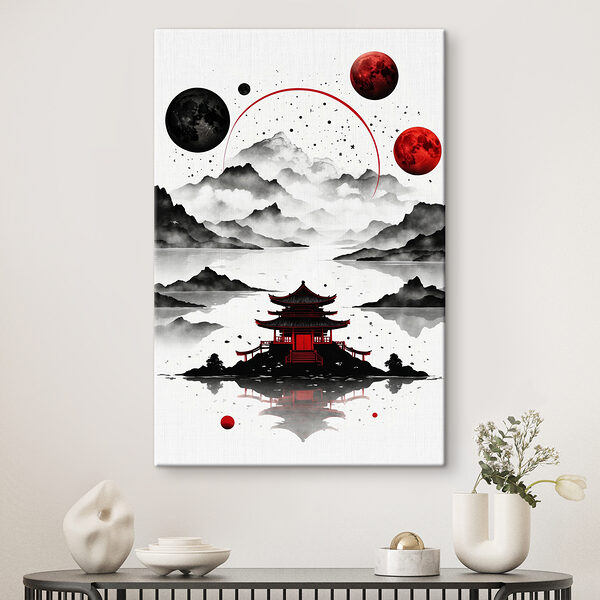 Cuadros Una pagoda en un lago, rodeada de montañas y con la luna