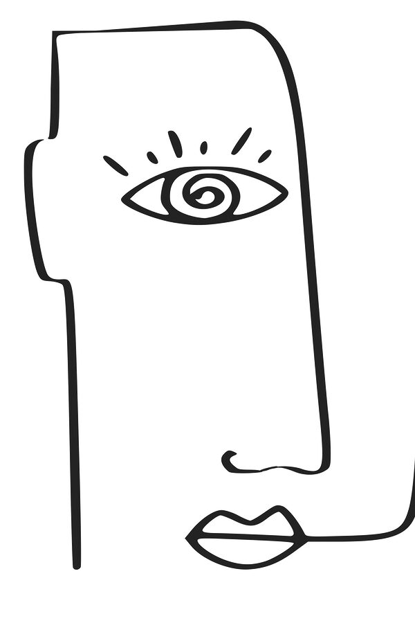 A black and white drawing of a face with eye and nose