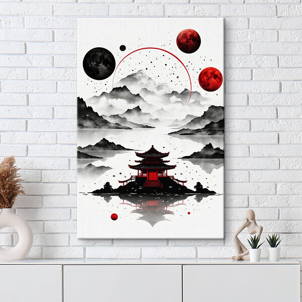 A pagoda on a lake with mountains and moon