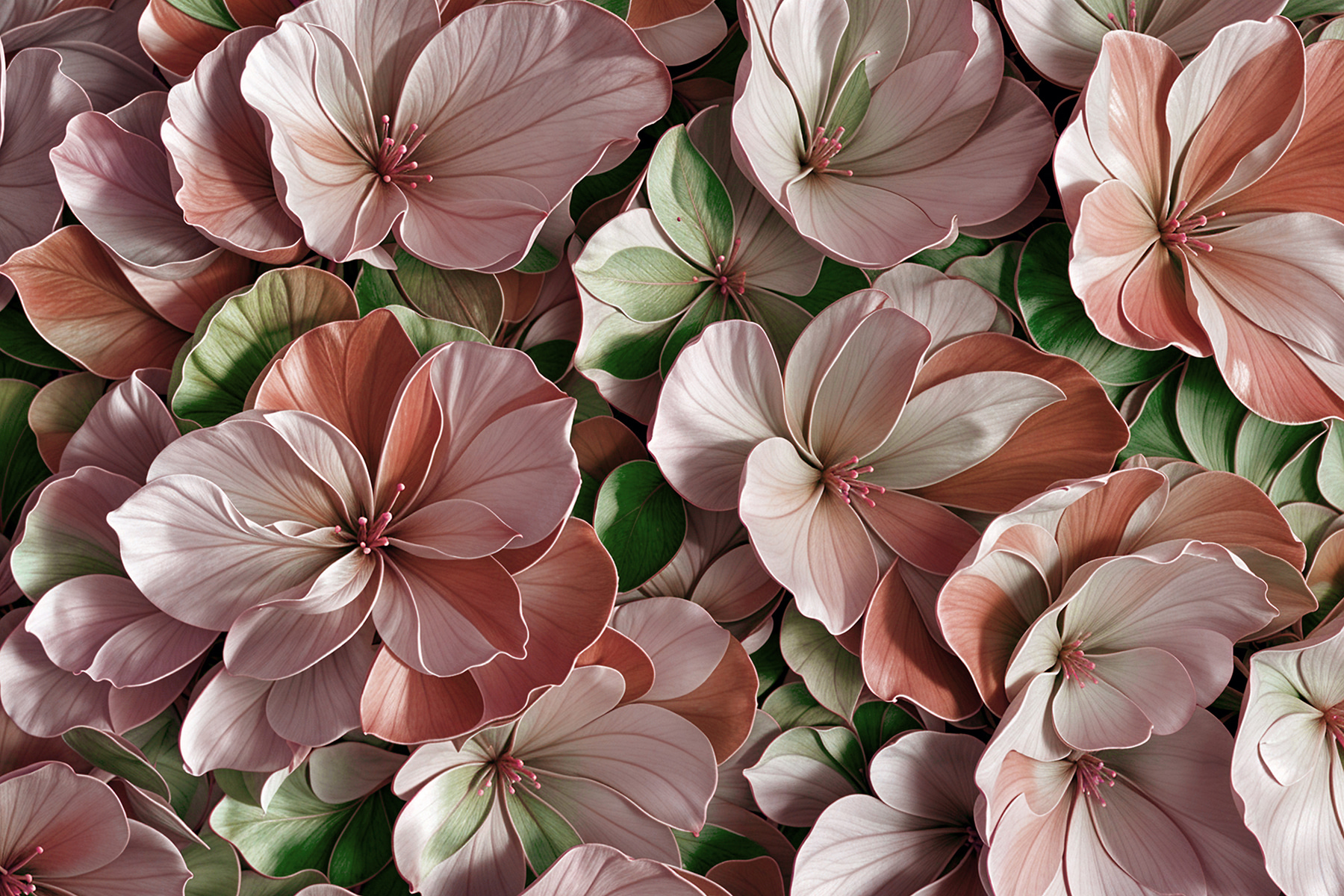 A group of pink and white flowers