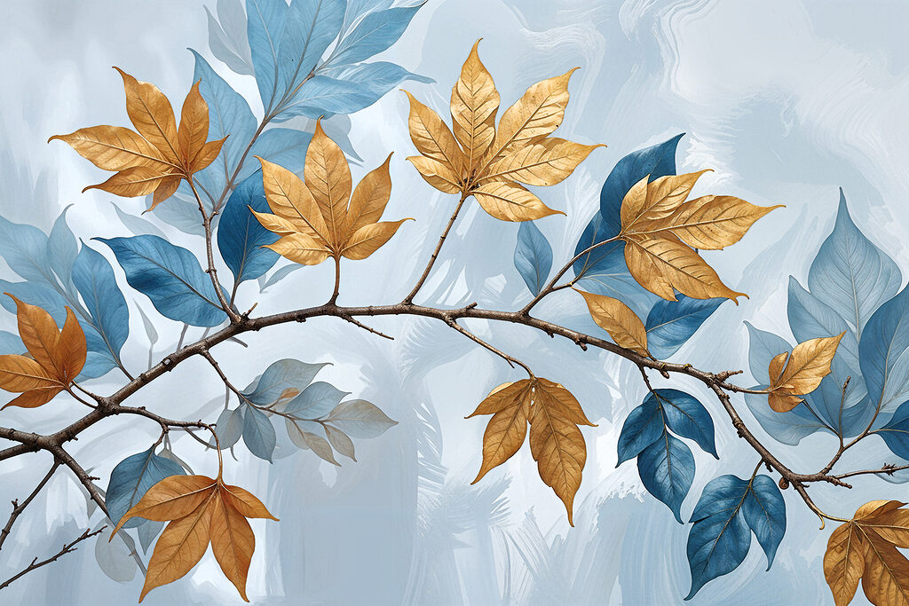 Branch with amber and azure leaves Branch with amber and azure leaves