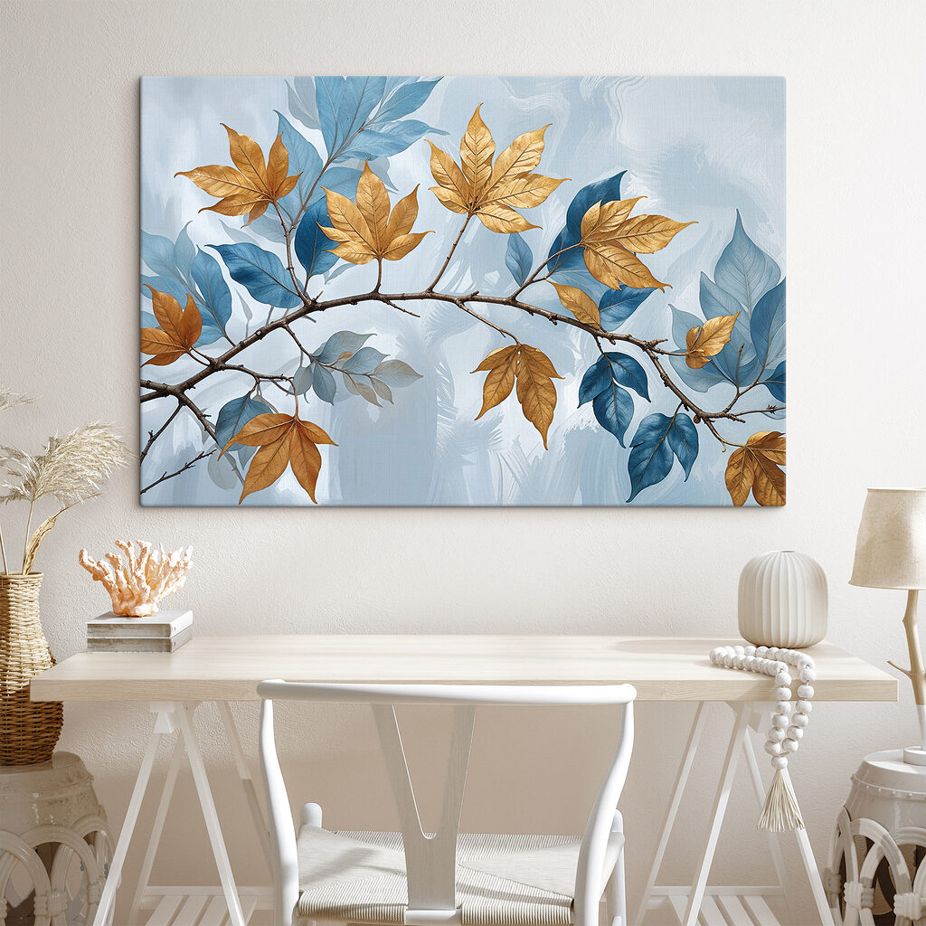 Branch with amber and azure leaves Branch with amber and azure leaves