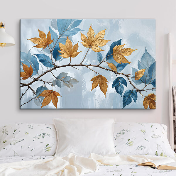 Branch with amber and azure leaves Branch with amber and azure leaves
