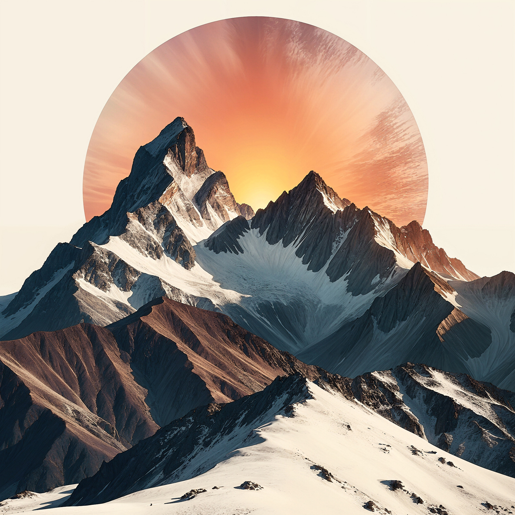 A mountain range with snow and sun