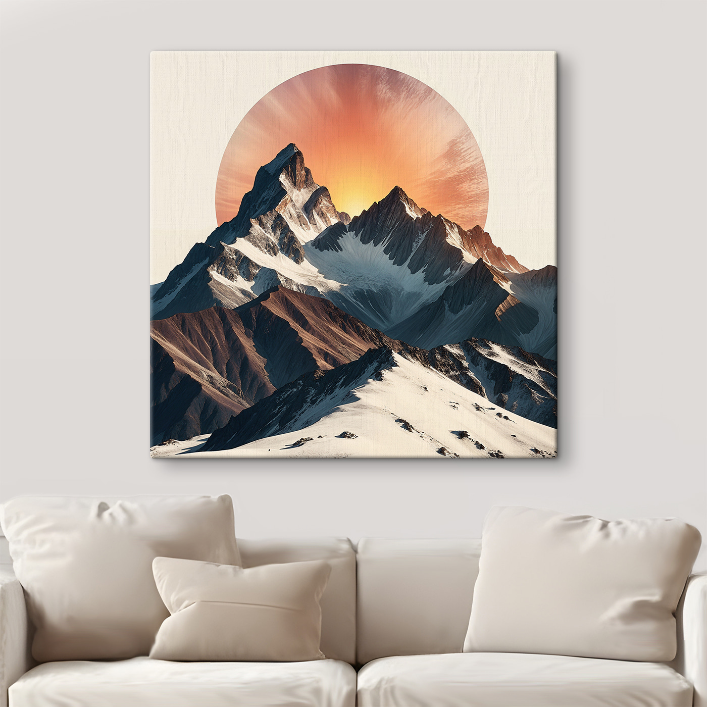 A mountain range with snow and sun