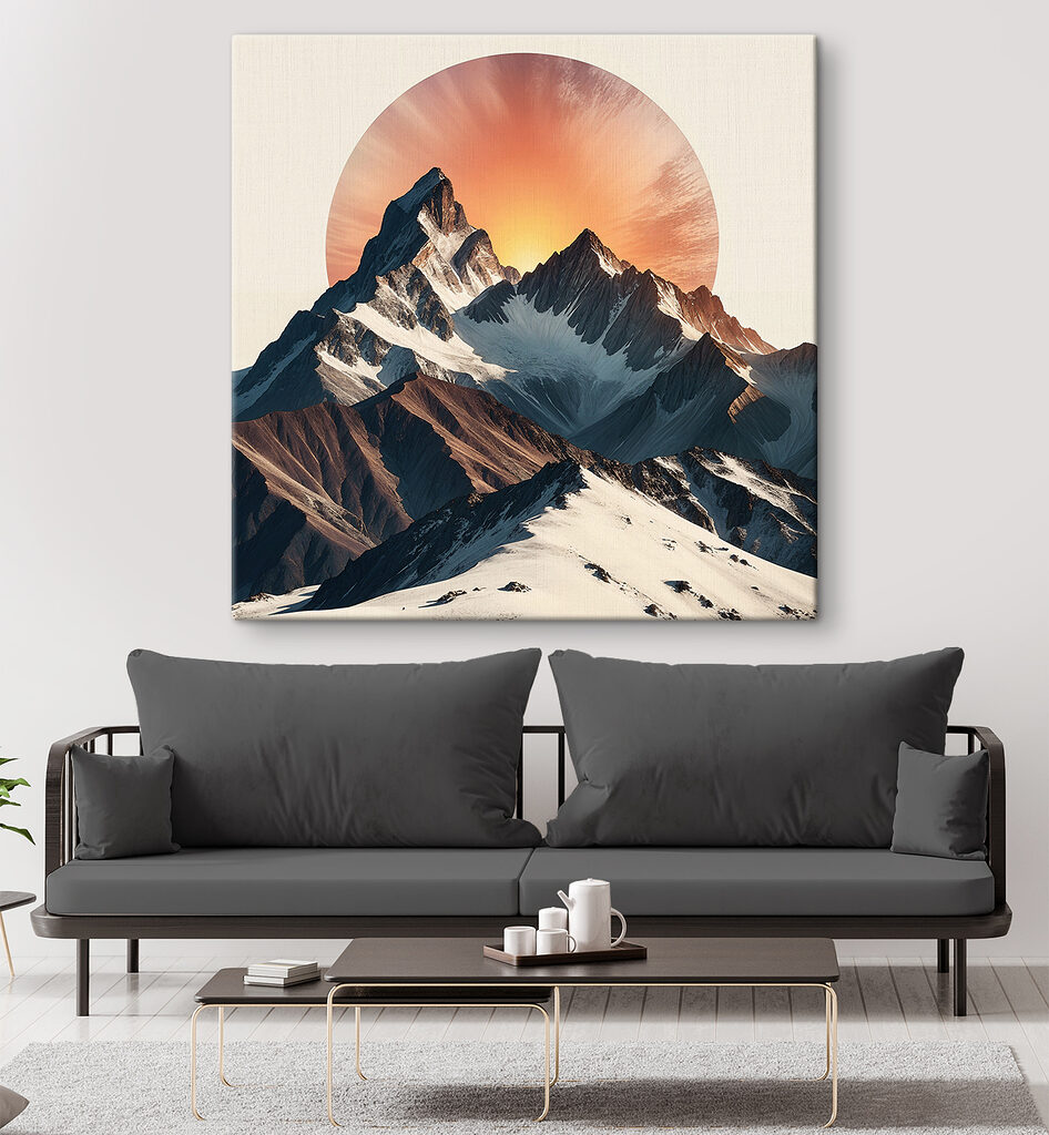 A mountain range with snow and sun