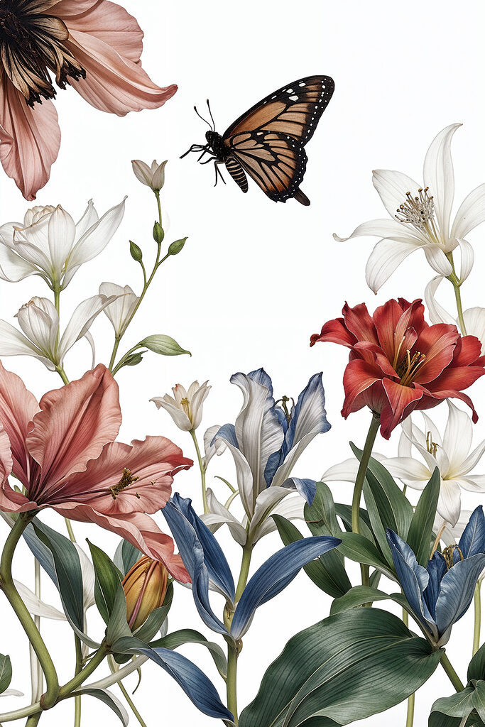 A butterfly flying over flowers