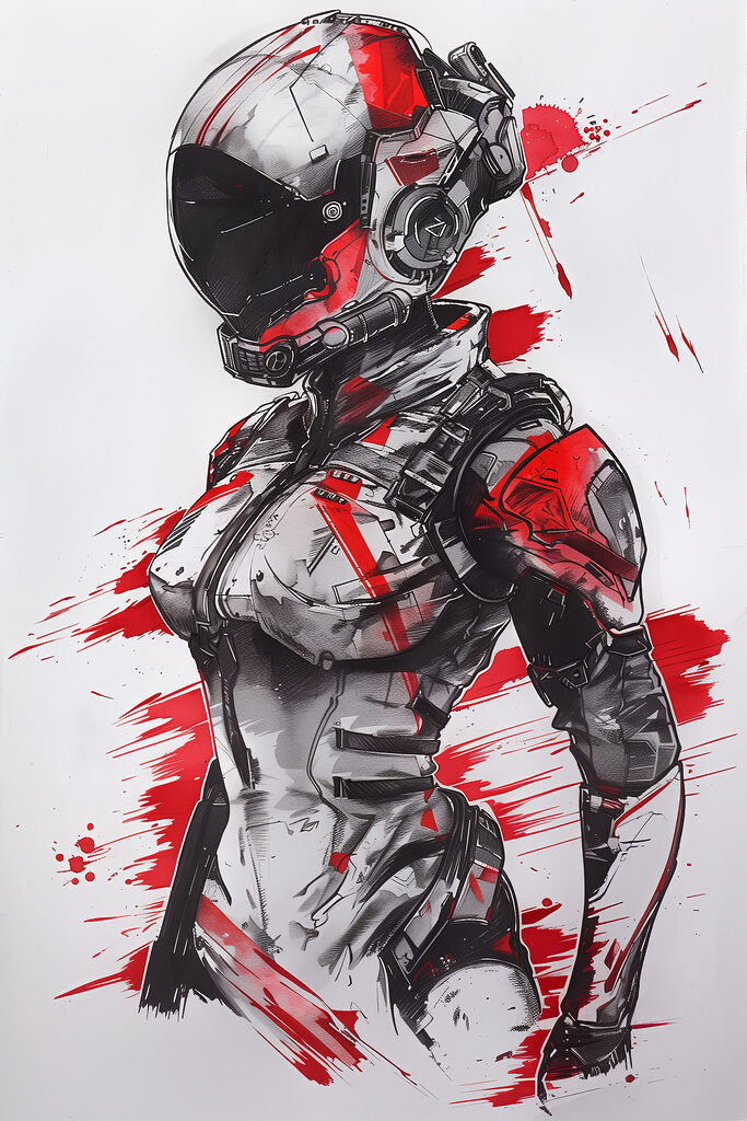 A drawing of a woman wearing a helmet