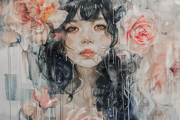 A painting of a woman with flowers