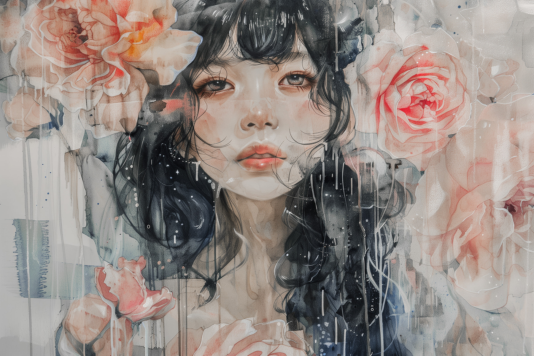 A painting of a woman with flowers