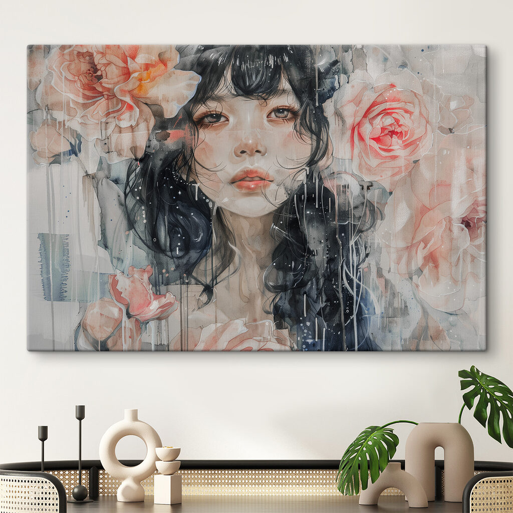 A painting of a woman with flowers