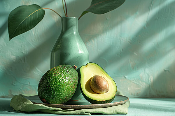 A plate with avocado and a vase on it A plate with avocado and a vase on it