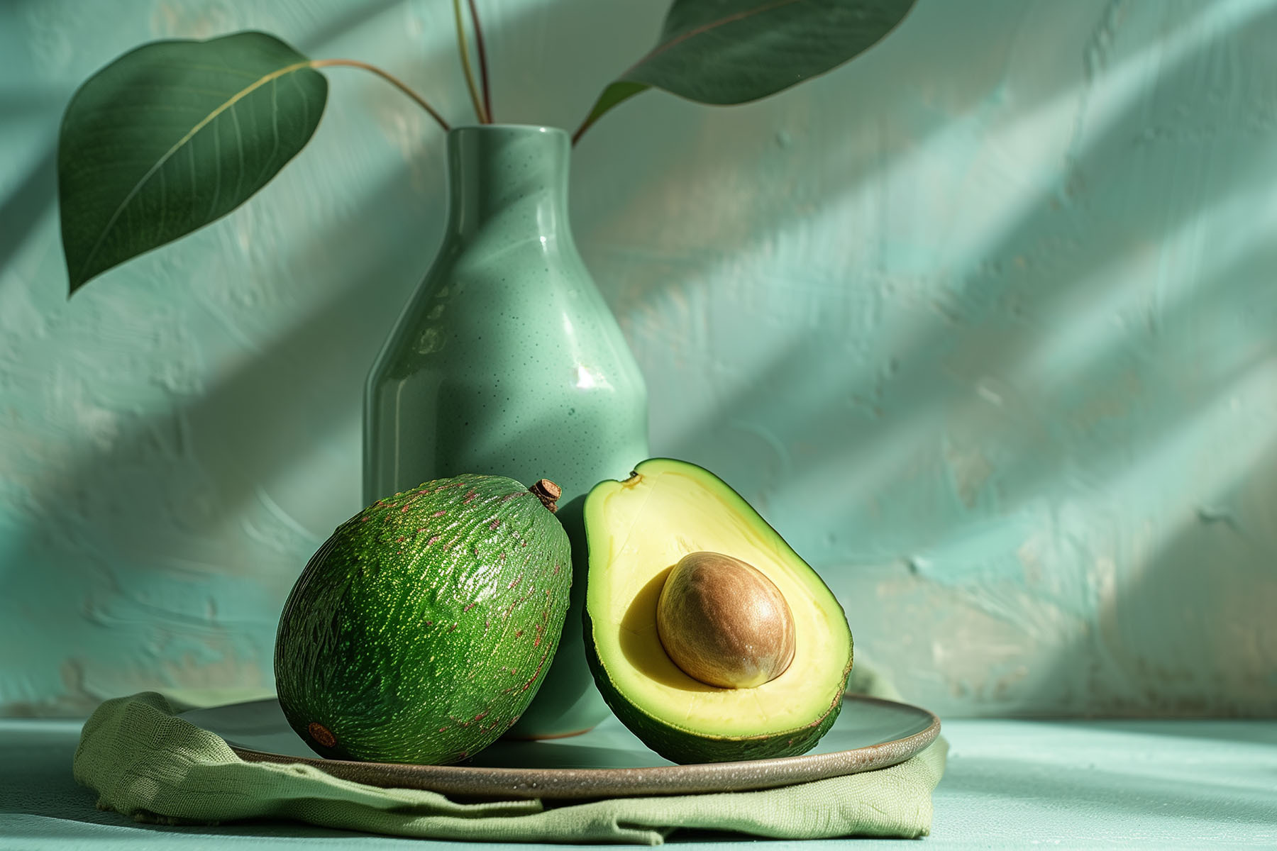 A plate with avocado and a vase on it A plate with avocado and a vase on it