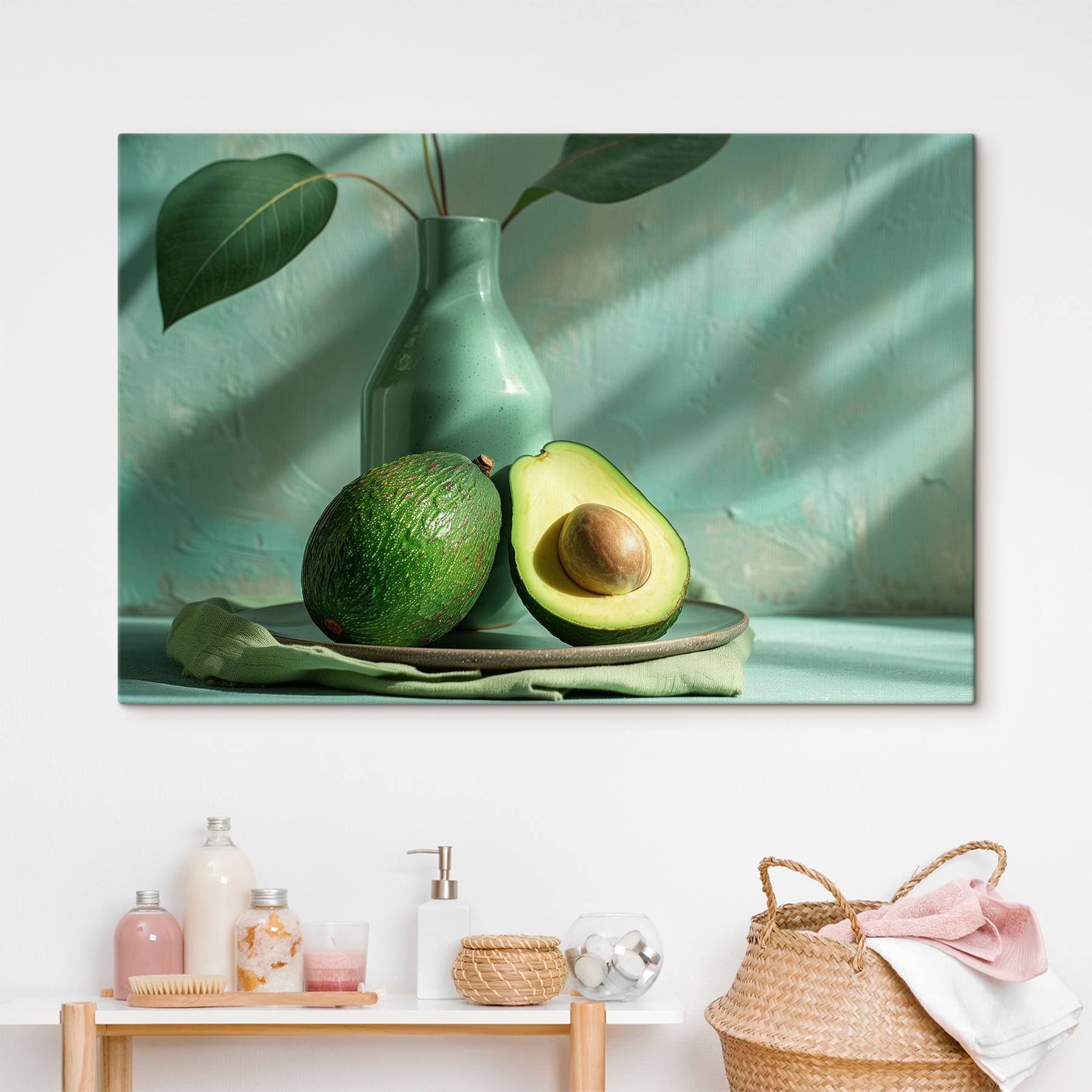 A plate with avocado and a vase on it A plate with avocado and a vase on it