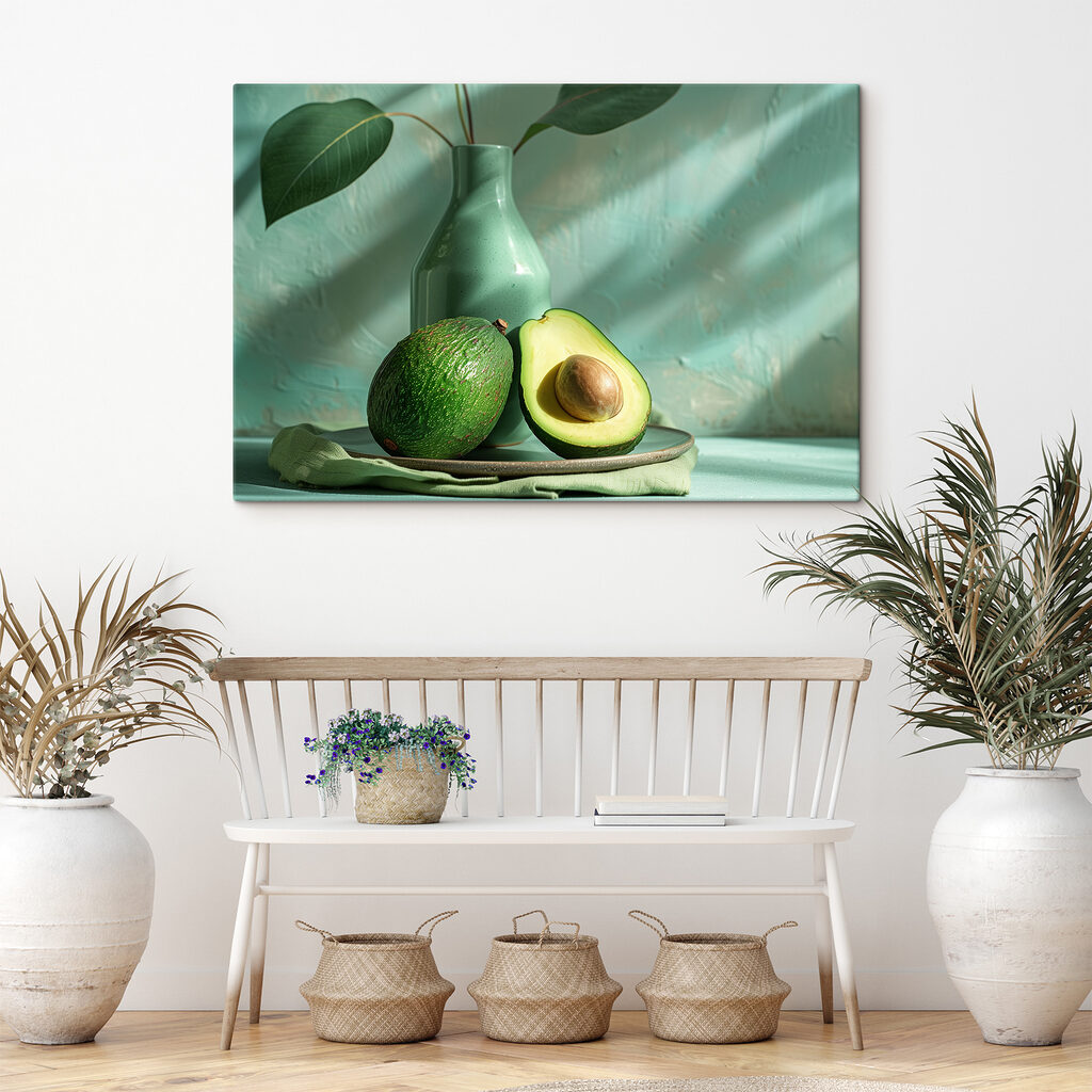 A plate with avocado and a vase on it A plate with avocado and a vase on it