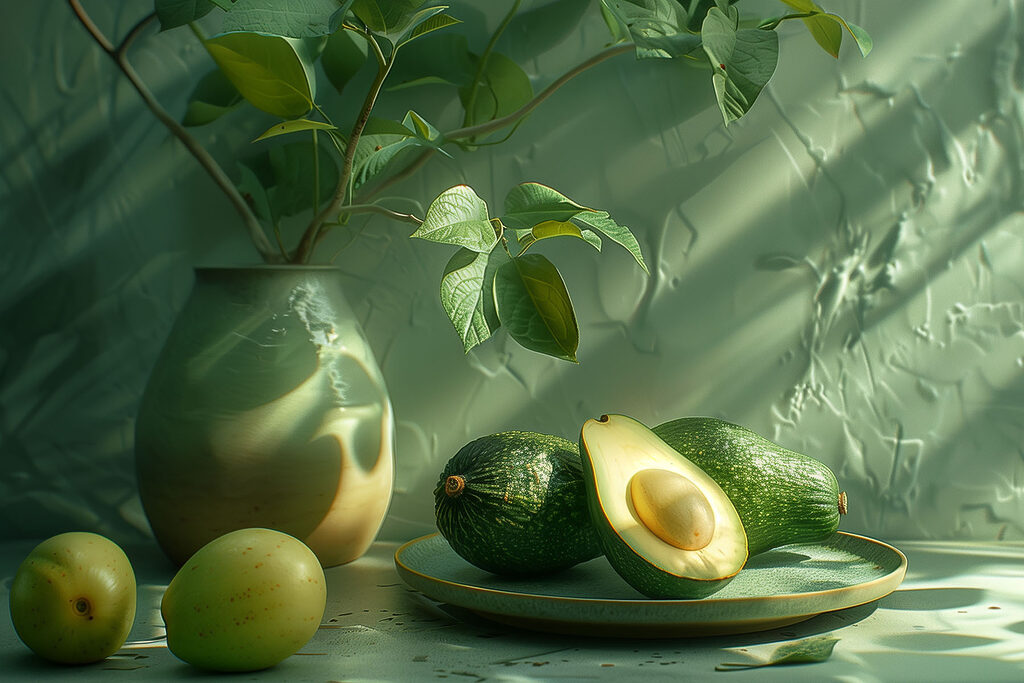 A plate of avocados and a vase of fruit A plate of avocados and a vase of fruit