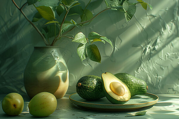 A plate of avocados and a vase of fruit A plate of avocados and a vase of fruit