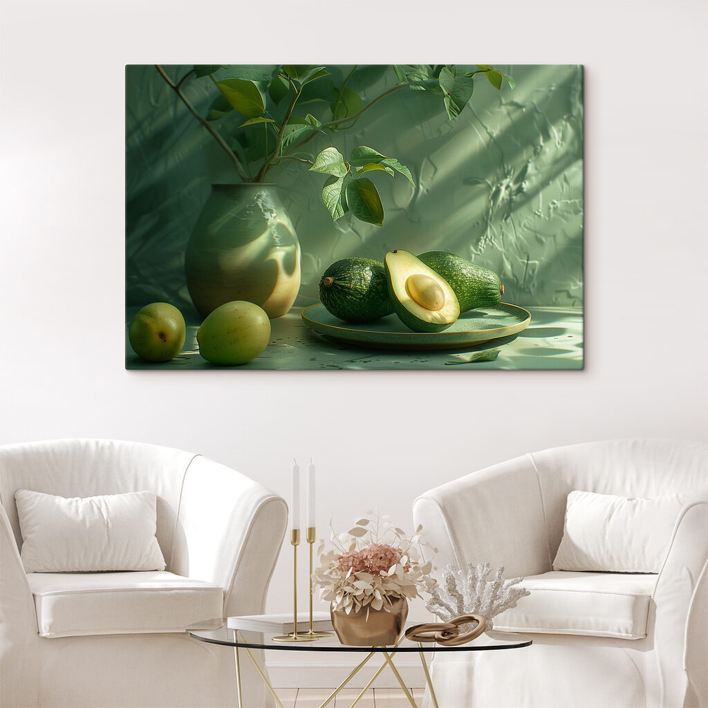 A plate of avocados and a vase of fruit A plate of avocados and a vase of fruit