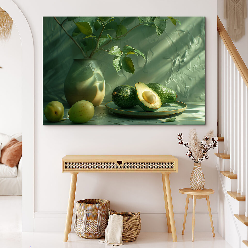 A plate of avocados and a vase of fruit A plate of avocados and a vase of fruit