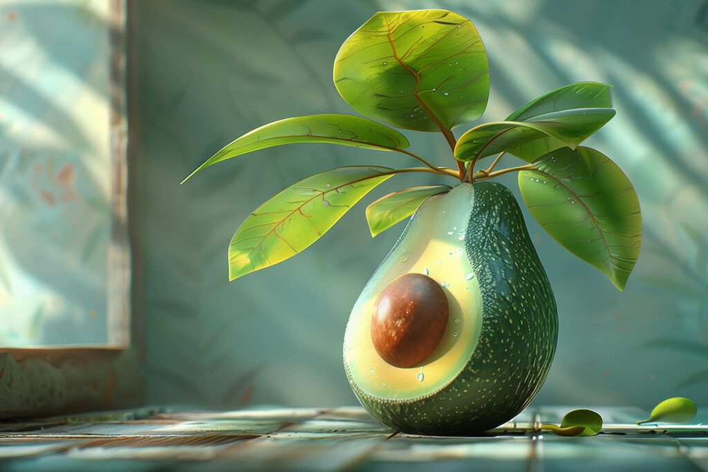 A avocado cut in half with a plant growing out of it