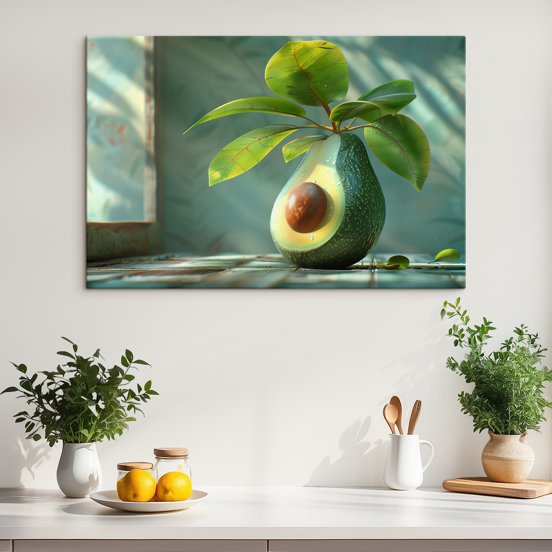 A avocado cut in half with a plant growing out of it