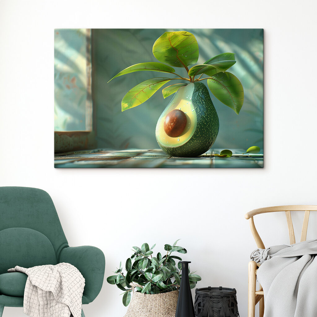 A avocado cut in half with a plant growing out of it