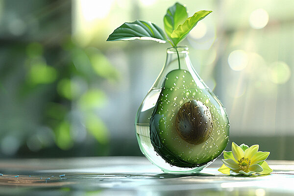 A glass vase with a cut avocado inside