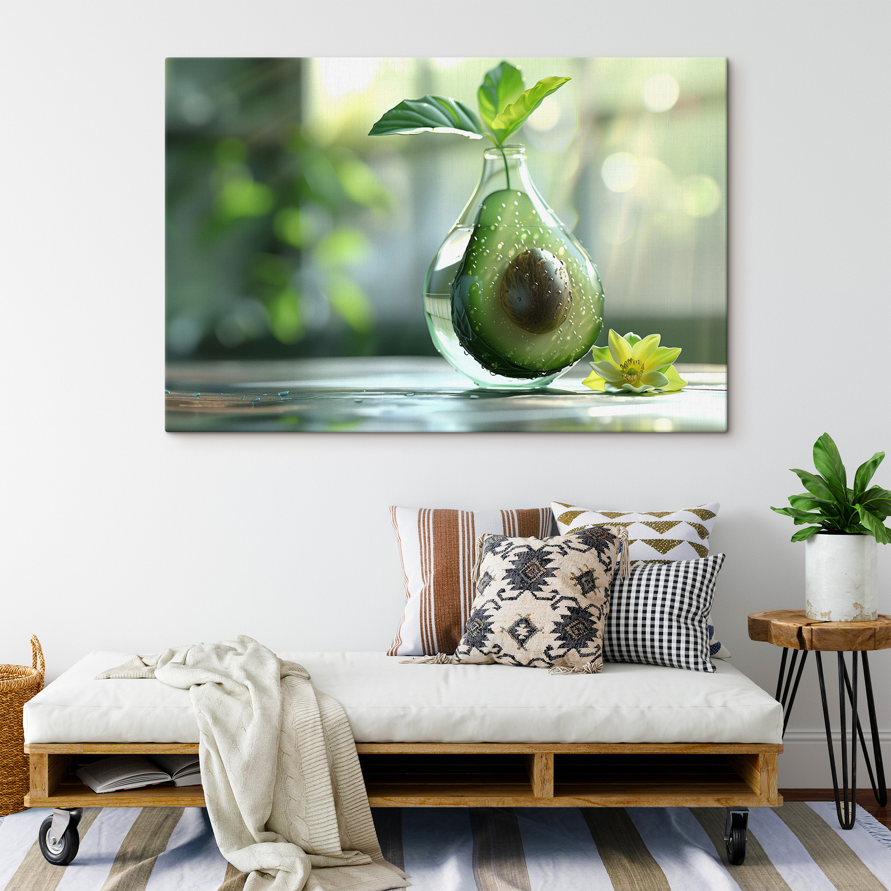 A glass vase with a cut avocado inside
