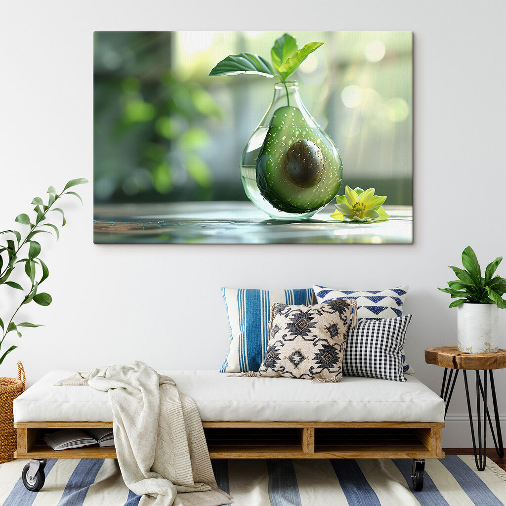 A glass vase with a cut avocado inside
