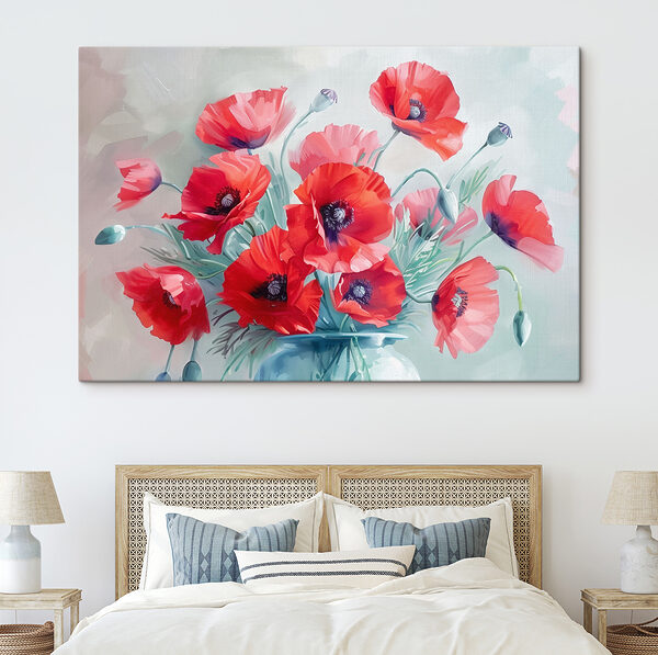 Cuadros Un cuadro de flores rojas en un jarrón