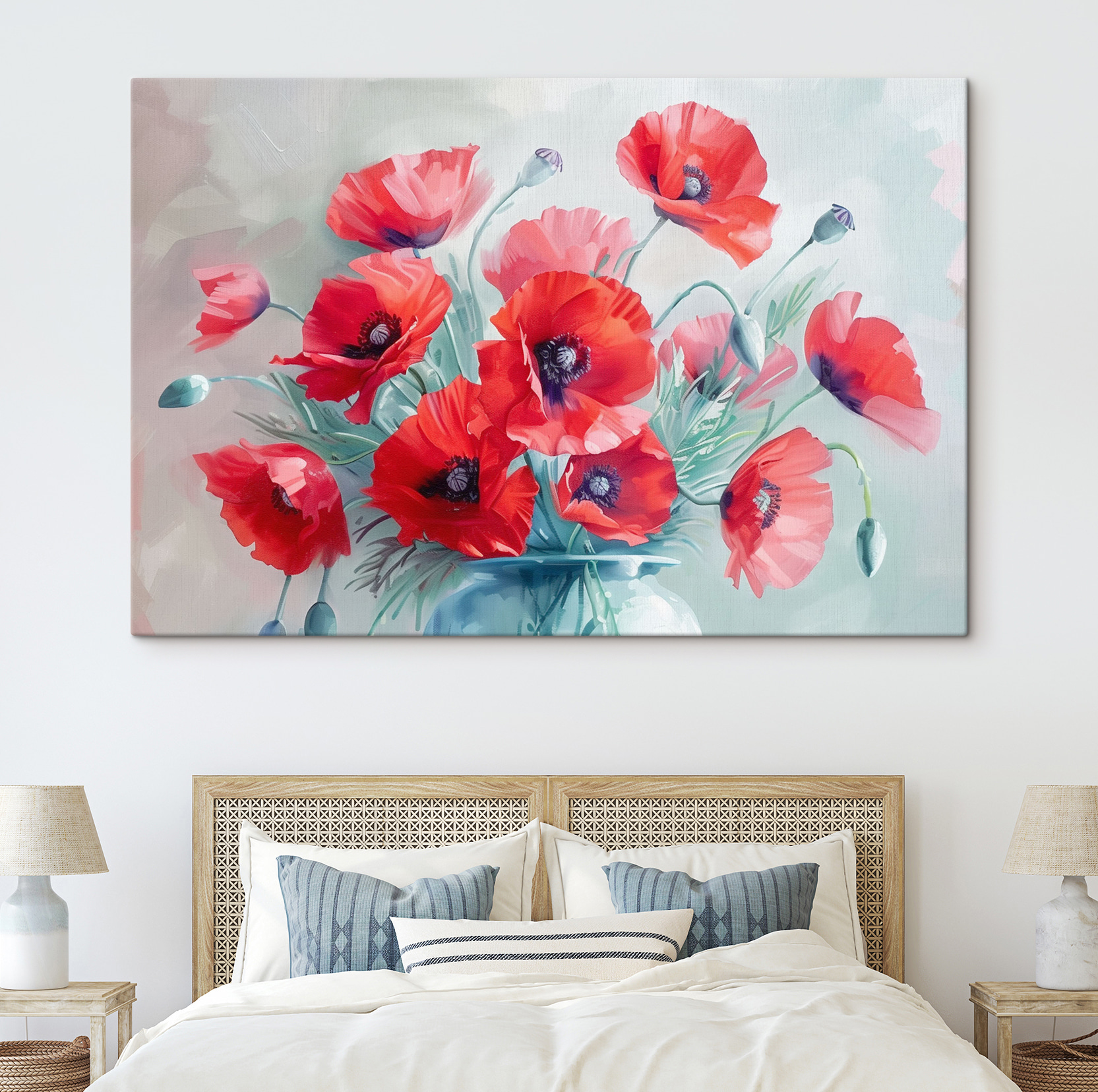 A painting of red flowers in a vase A painting of red flowers in a vase