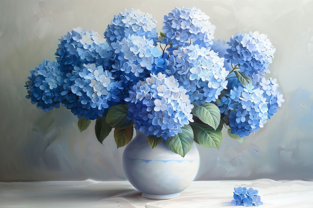 A painting of blue flowers in a vase