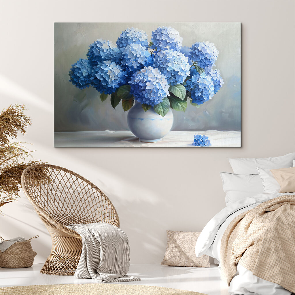 A painting of blue flowers in a vase