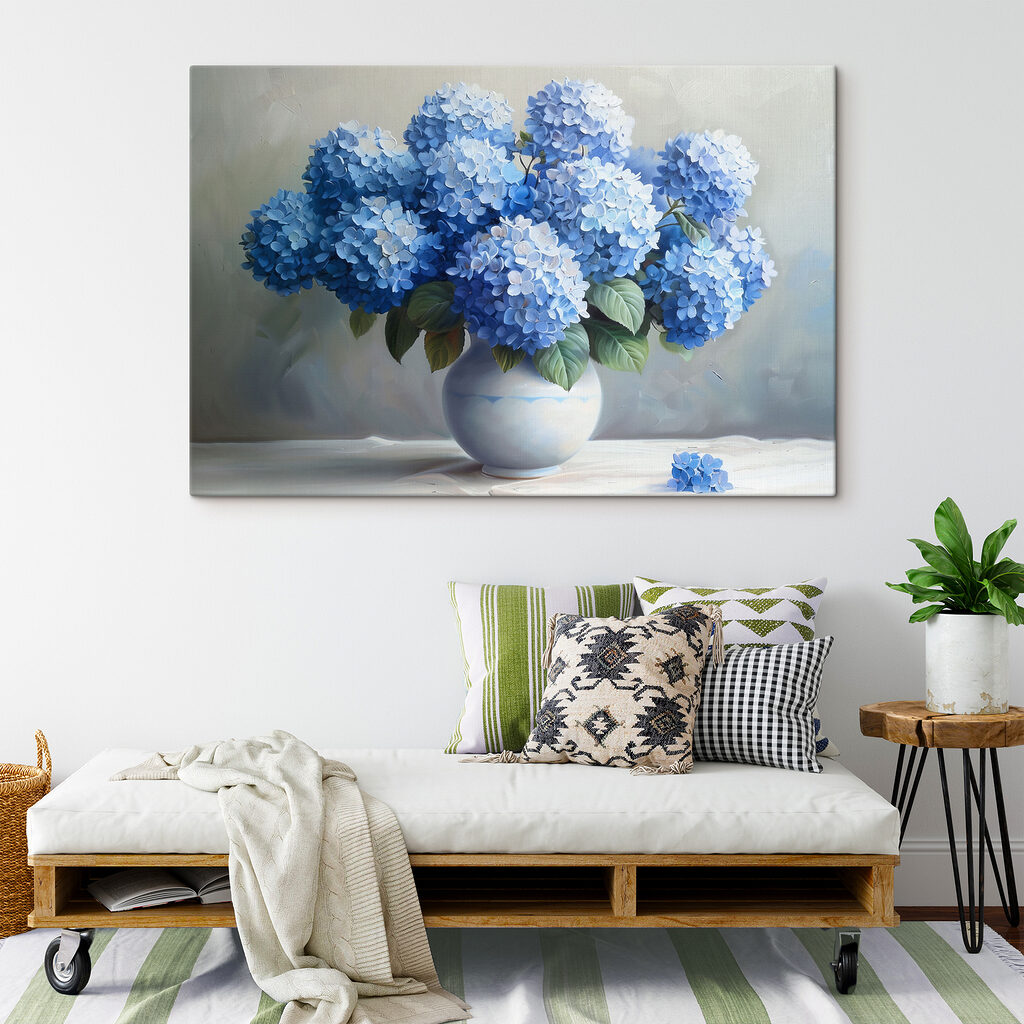A painting of blue flowers in a vase