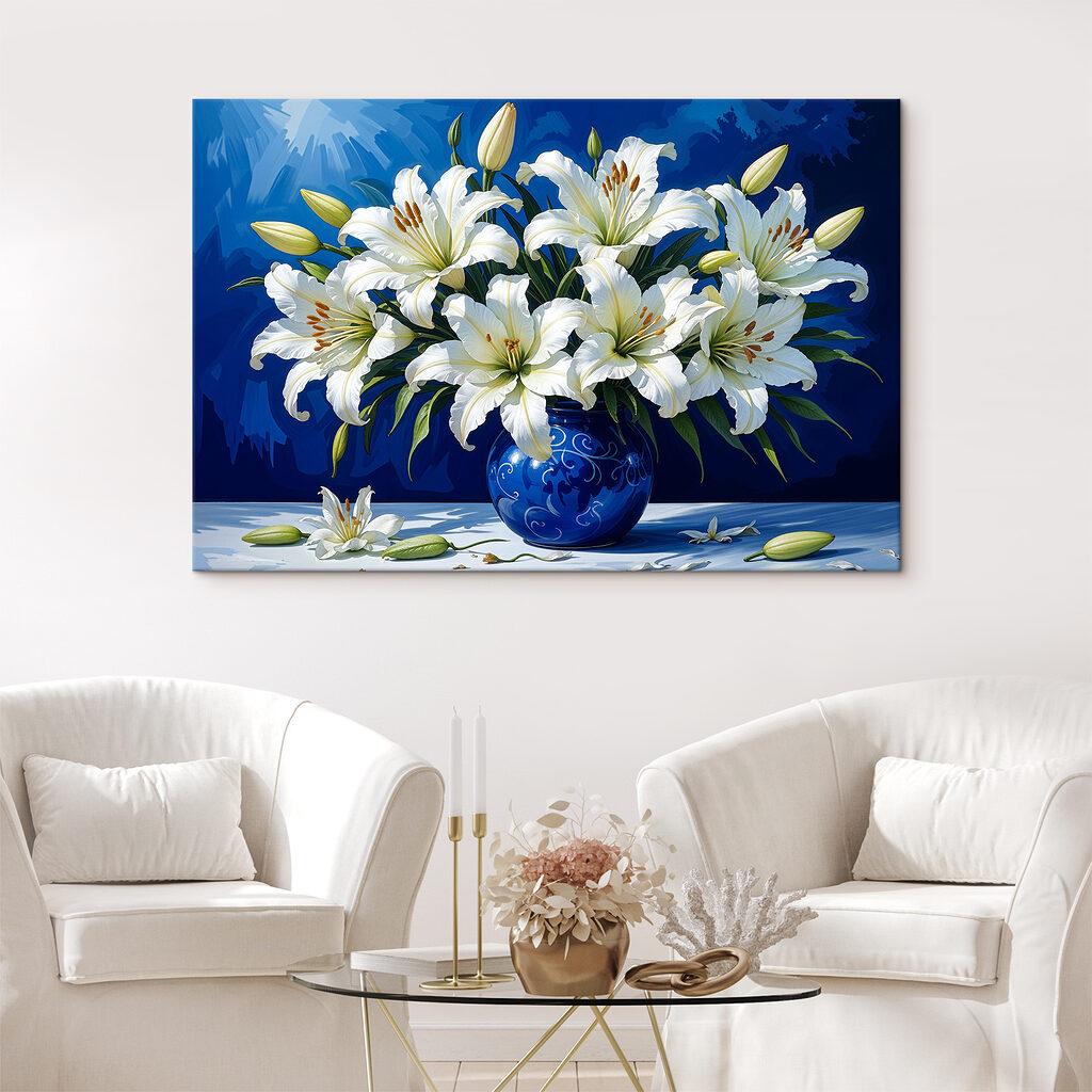 A white flowers in a blue vase