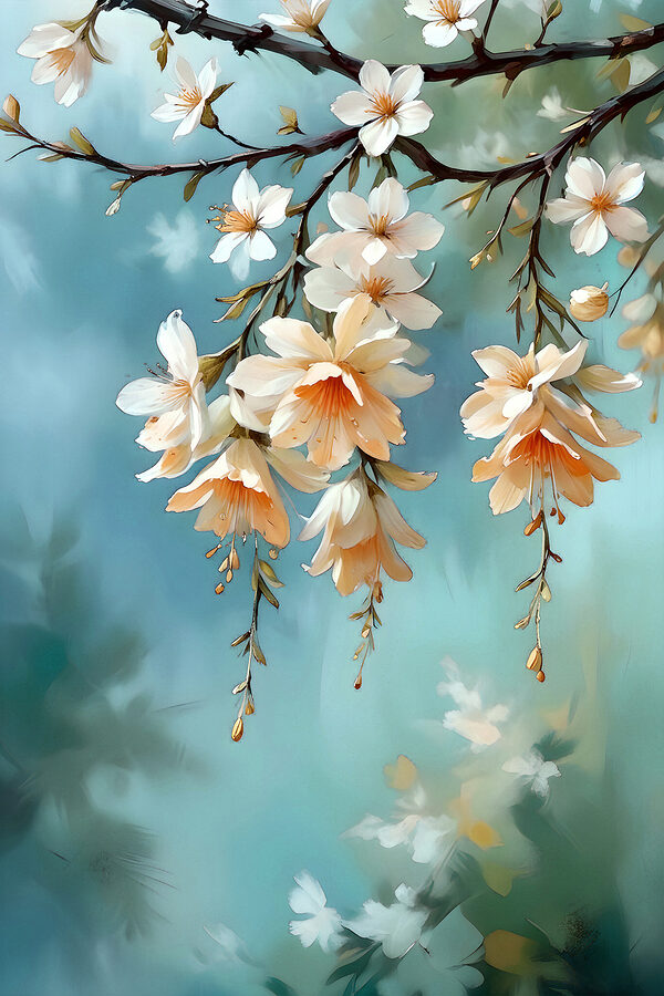 A painting of flowers on a branch