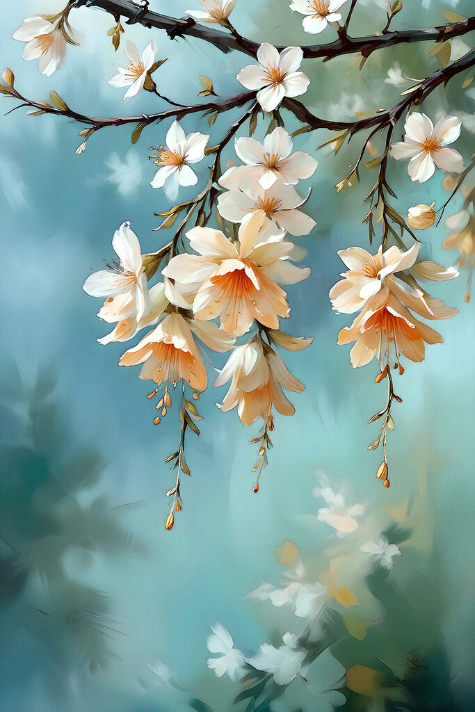 A painting of flowers on a branch