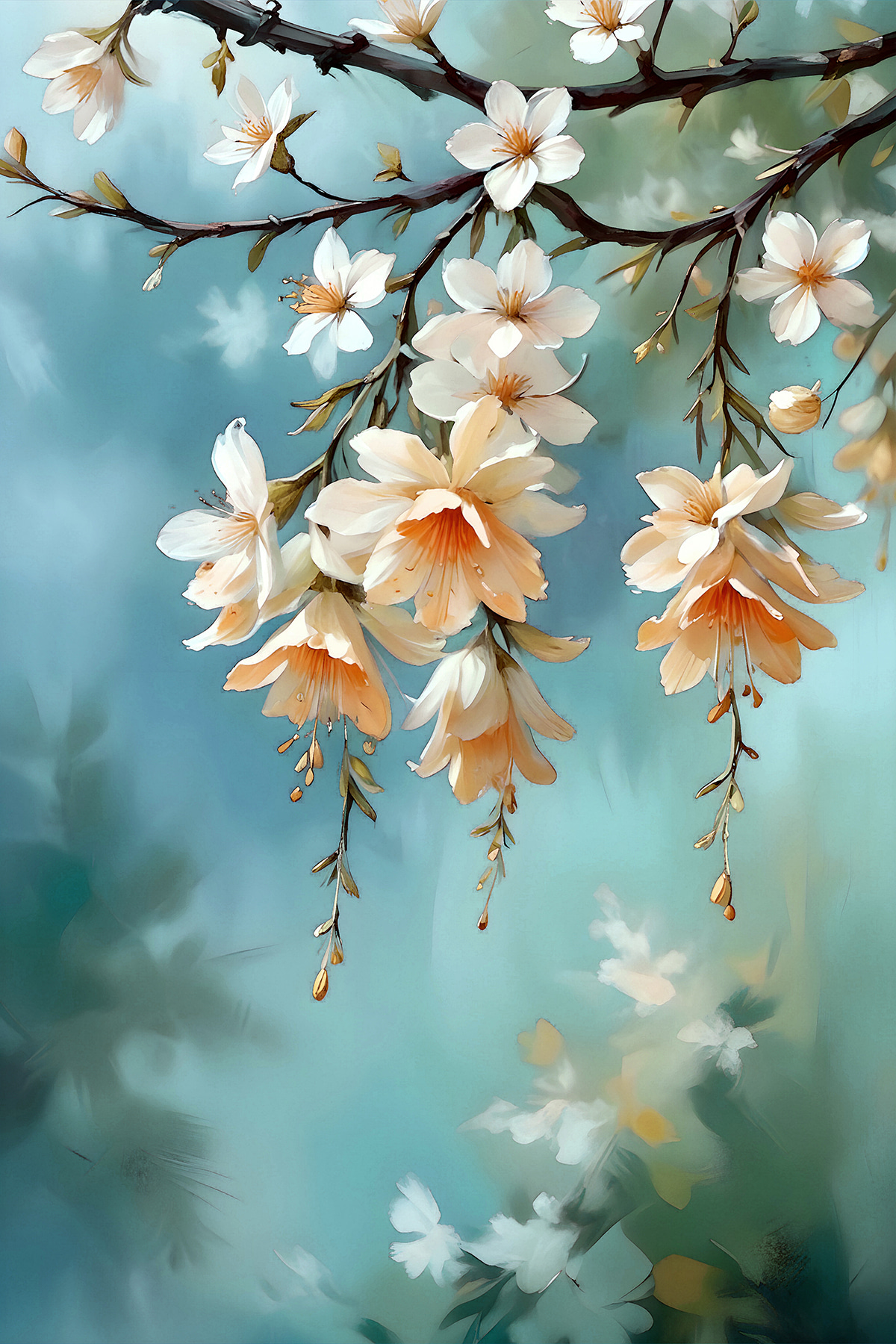 A painting of flowers on a branch