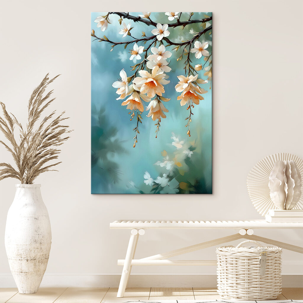 A painting of flowers on a branch