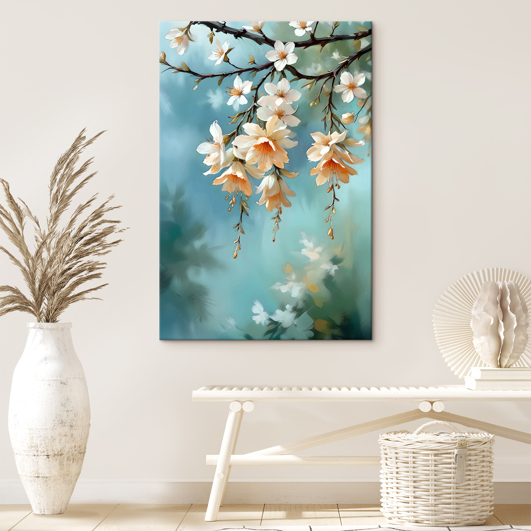 A painting of flowers on a branch