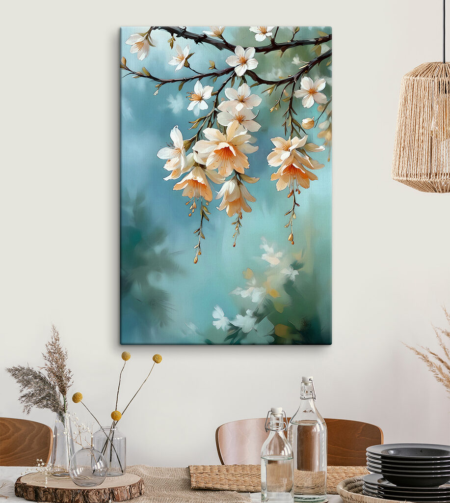 A painting of flowers on a branch
