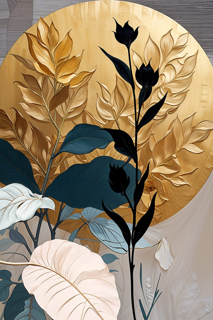 A painting of a plant with leaves and flowers