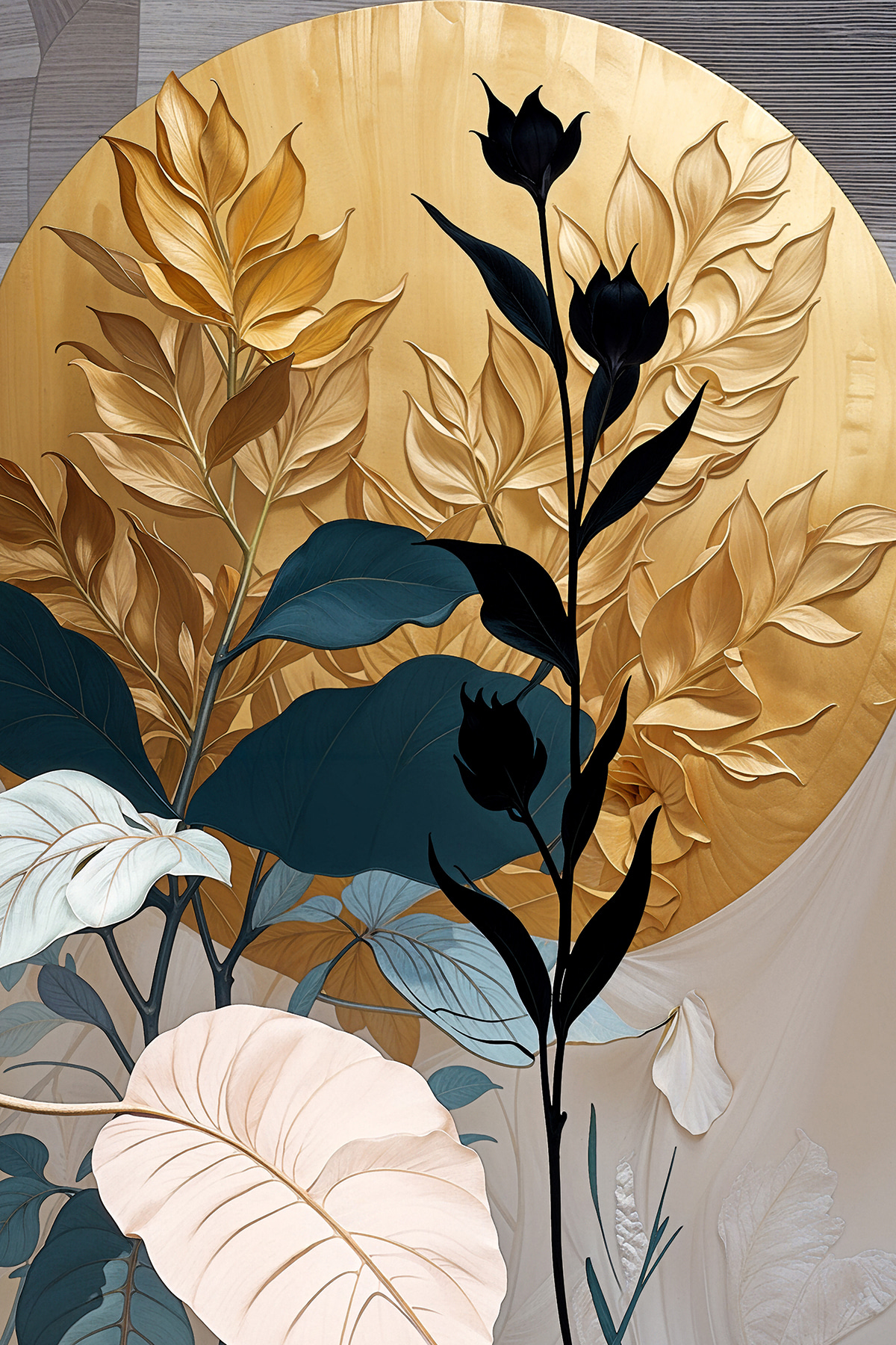 A painting of a plant with leaves and flowers