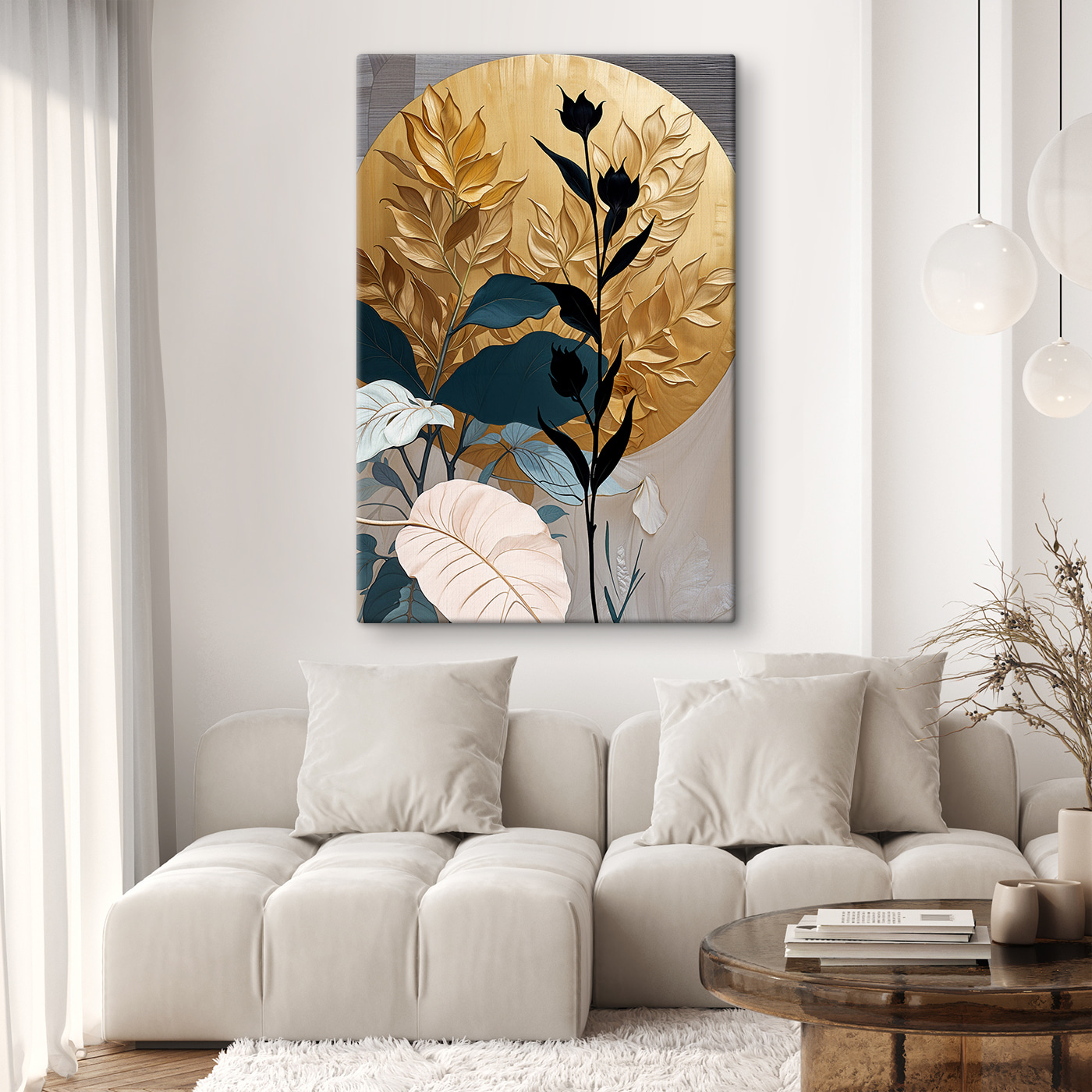 A painting of a plant with leaves and flowers