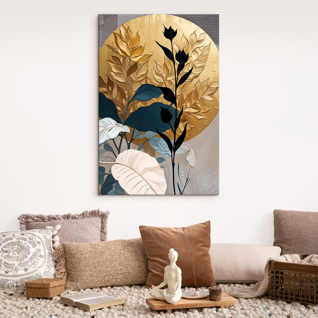 A painting of a plant with leaves and flowers