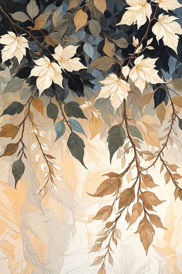 A painting of leaves on a branch