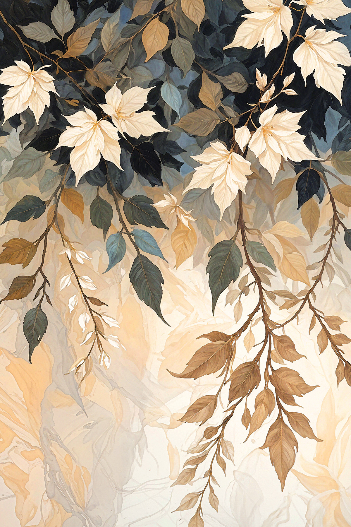 A painting of leaves on a branch