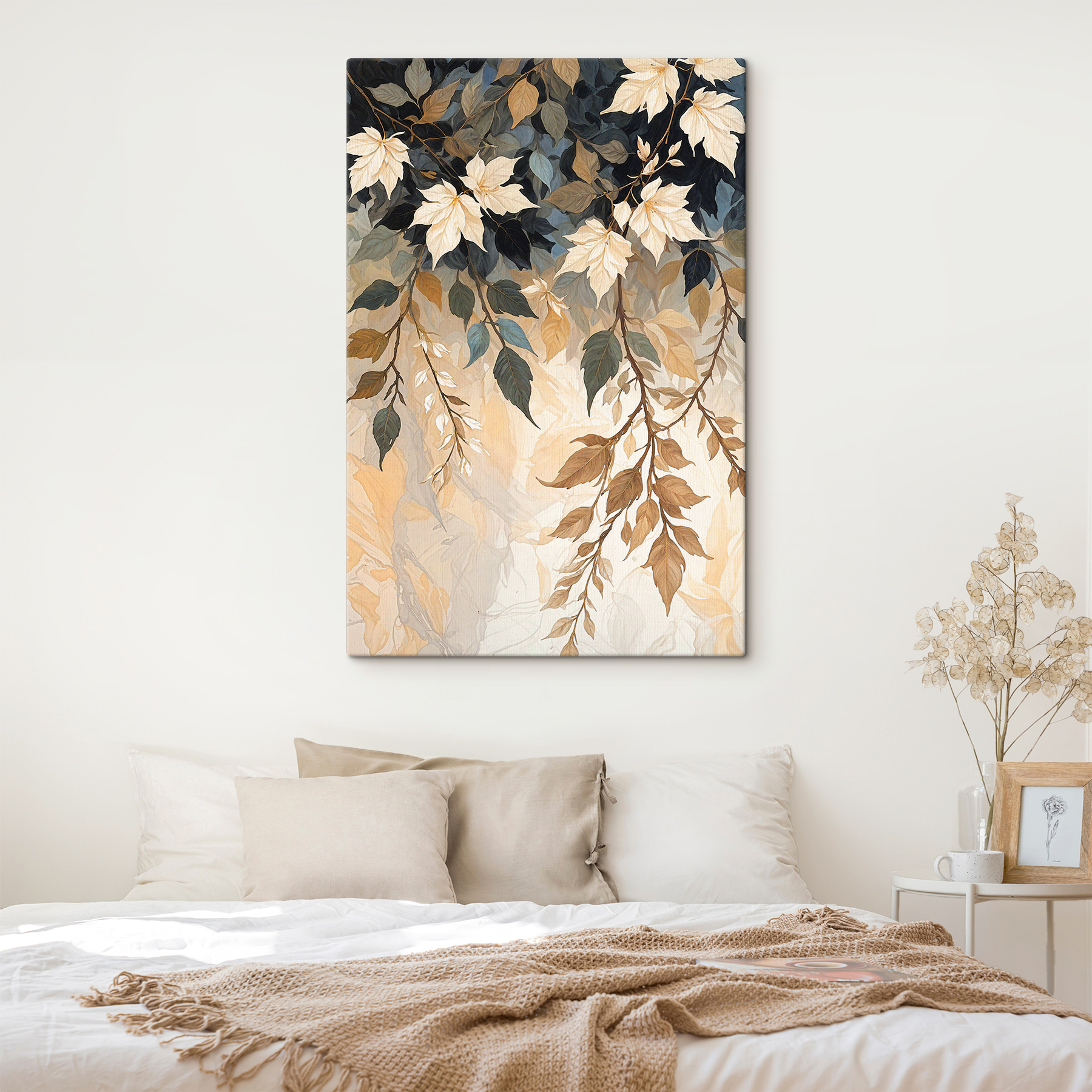 A painting of leaves on a branch