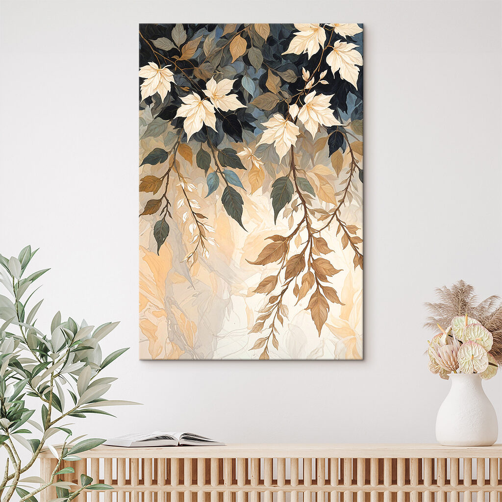 A painting of leaves on a branch
