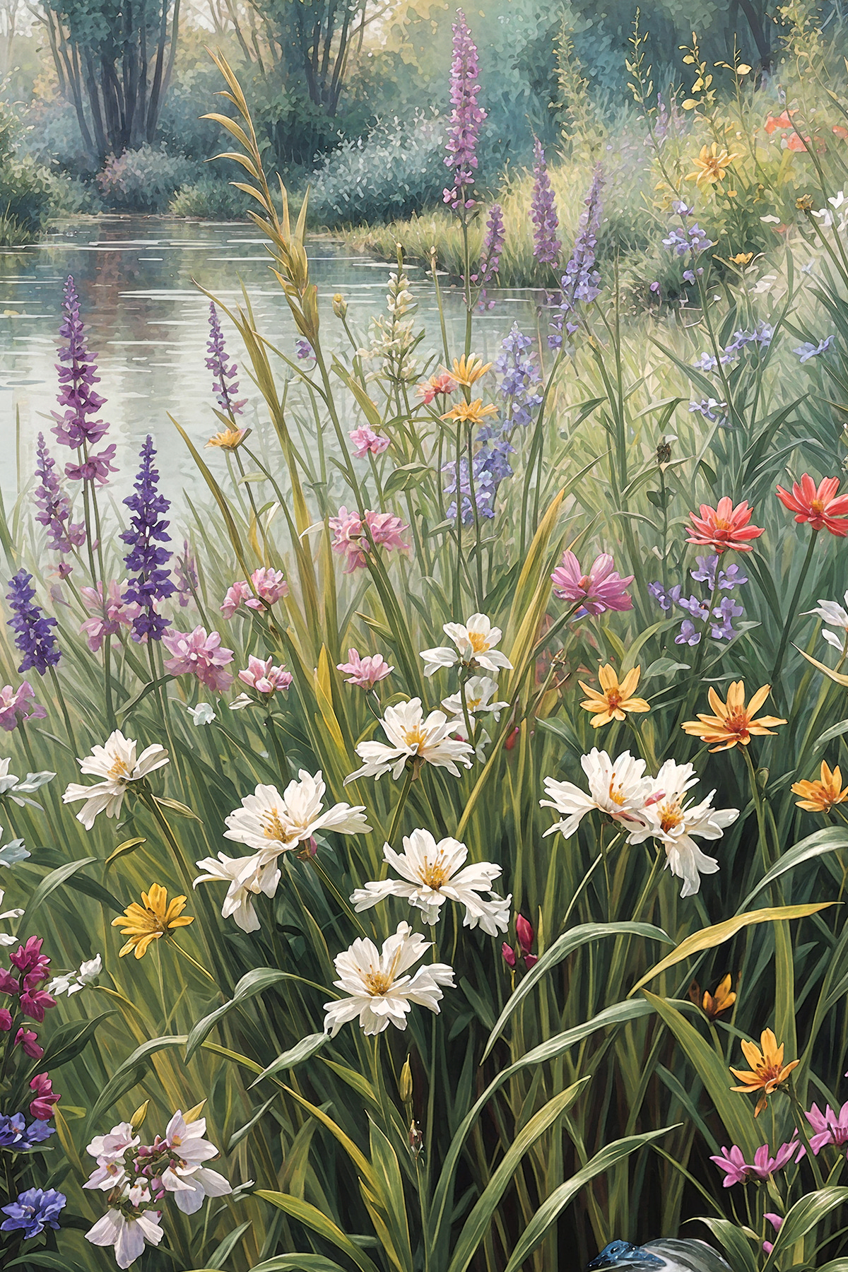 A painting of flowers by a river A painting of flowers by a river